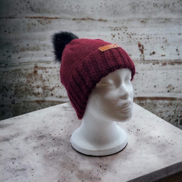 Hand Knitted Beanie Hat with Detachable Pompom (black)