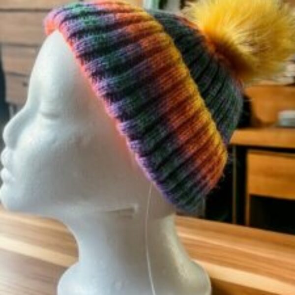 Hand Knitted rainbow Beanie Hat with Detachable Pompom (yellow)