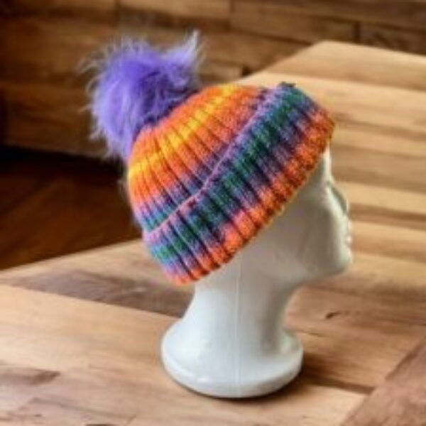 Hand Knitted rainbow Beanie Hat with Detachable Pompom (purple)