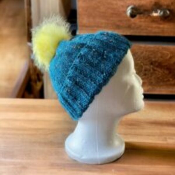 Hand Knitted Beanie Hat with Detachable Pompom (yellow)