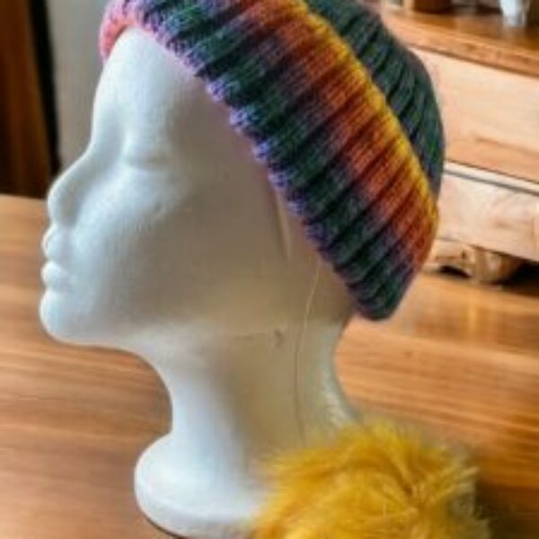 Hand Knitted rainbow Beanie Hat with Detachable Pompom (yellow)