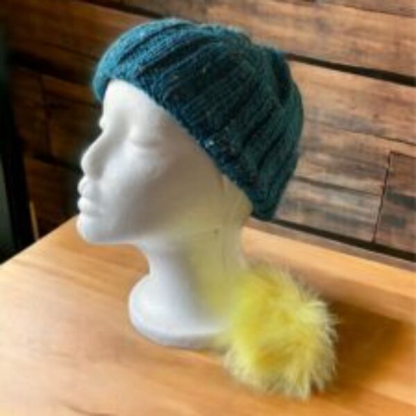 Hand Knitted Beanie Hat with Detachable Pompom (yellow)