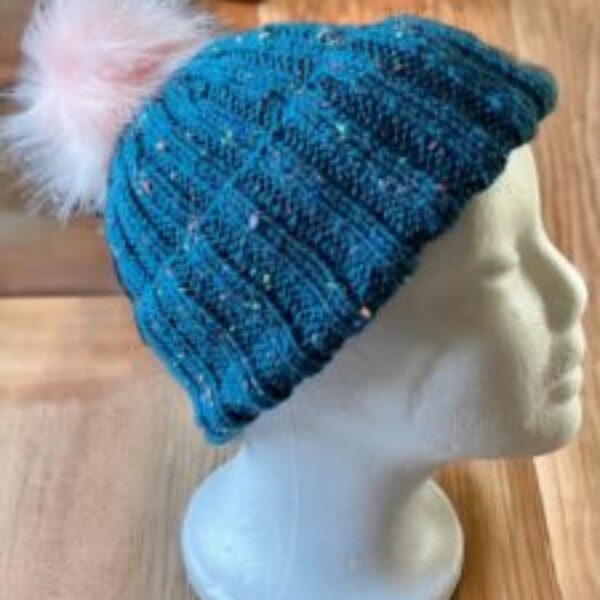 Hand Knitted Beanie Hat with Detachable Pompom (pink)