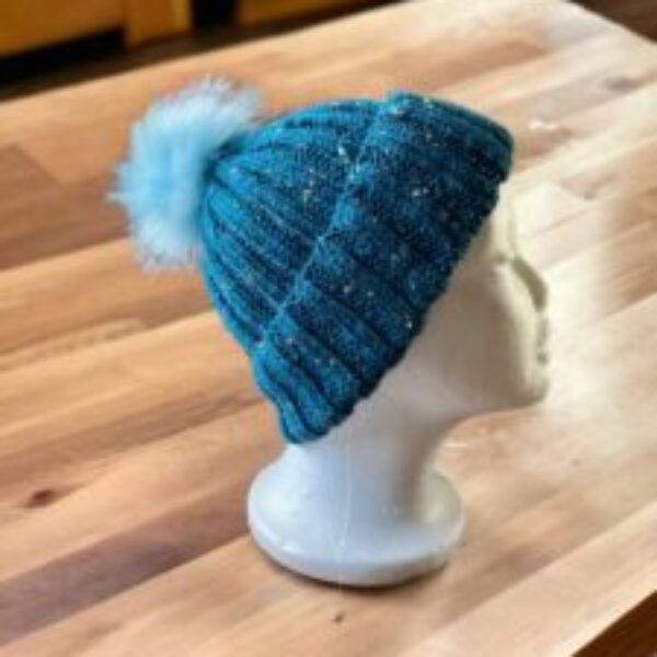 Hand Knitted Beanie Hat with Detachable Pompom (light blue)