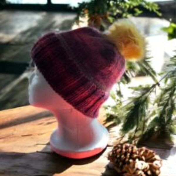 Hand knitted beanie hat with detachable pompon (multi yellow)
