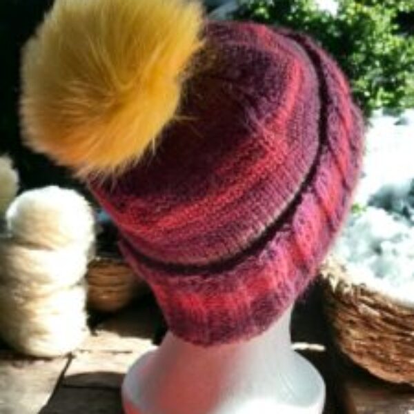 Hand knitted beanie hat with detachable pompon (multi yellow)